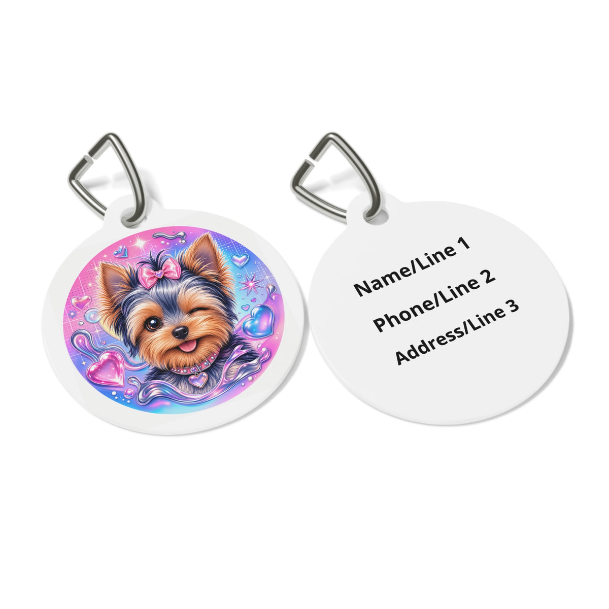 Close-up of Yorkshire Terrier Candy Hearts & Bow artwork on personalized dog ID tag