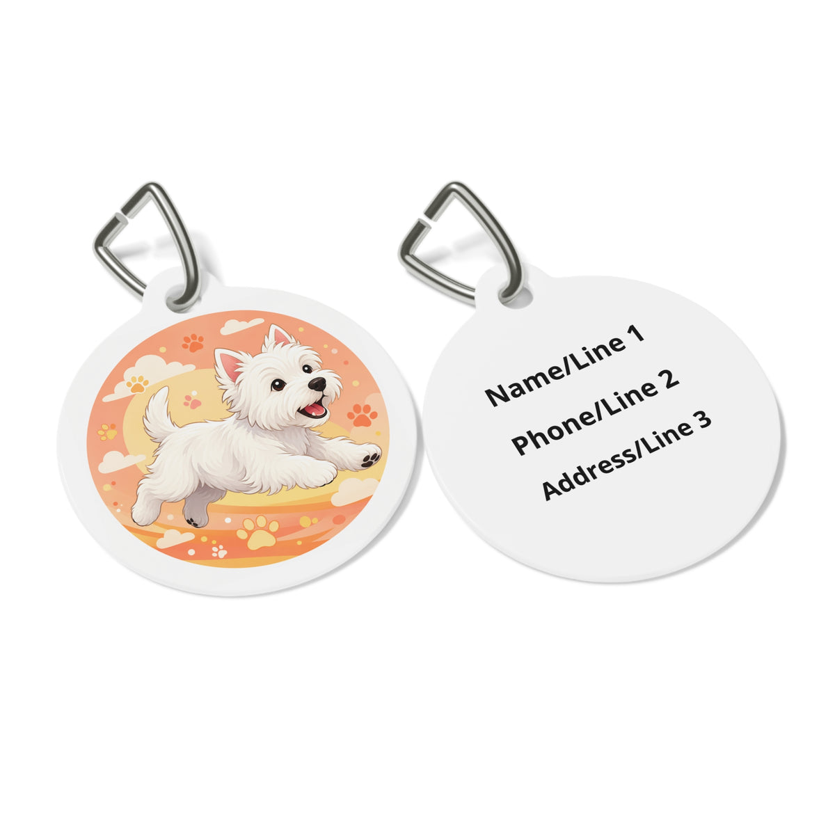 Close-up of West Highland White Terrier Orange Adventure artwork on personalized dog ID tag
