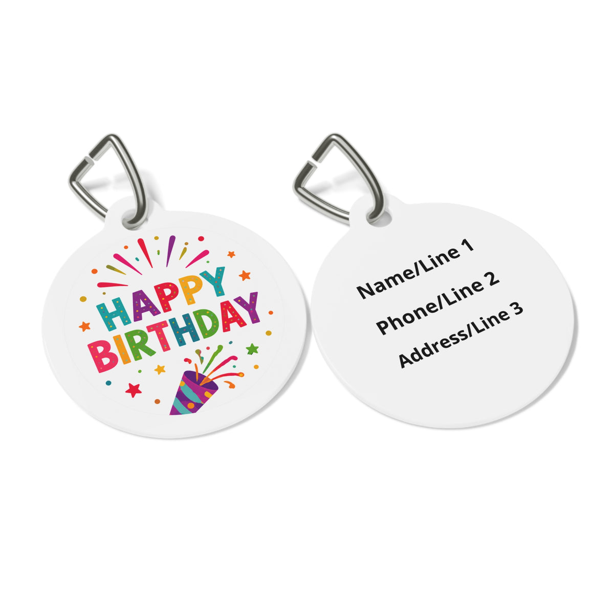 Close-up of Rainbow Party Popper Burst artwork on personalized dog ID tag