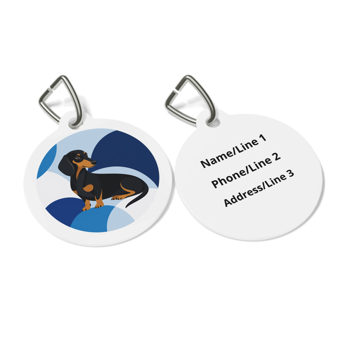 Close-up of Dachshund Bright Playful Portrait artwork on personalized dog ID tag