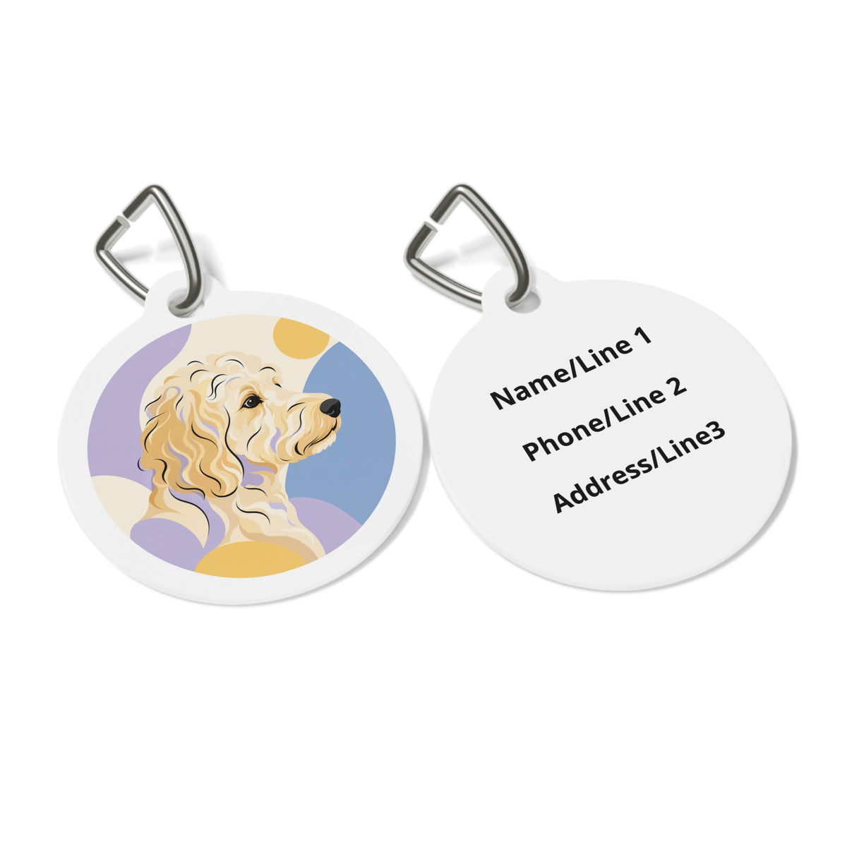 Close-up of Goldendoodle Classic Doodle Portrait artwork on personalized dog ID tag