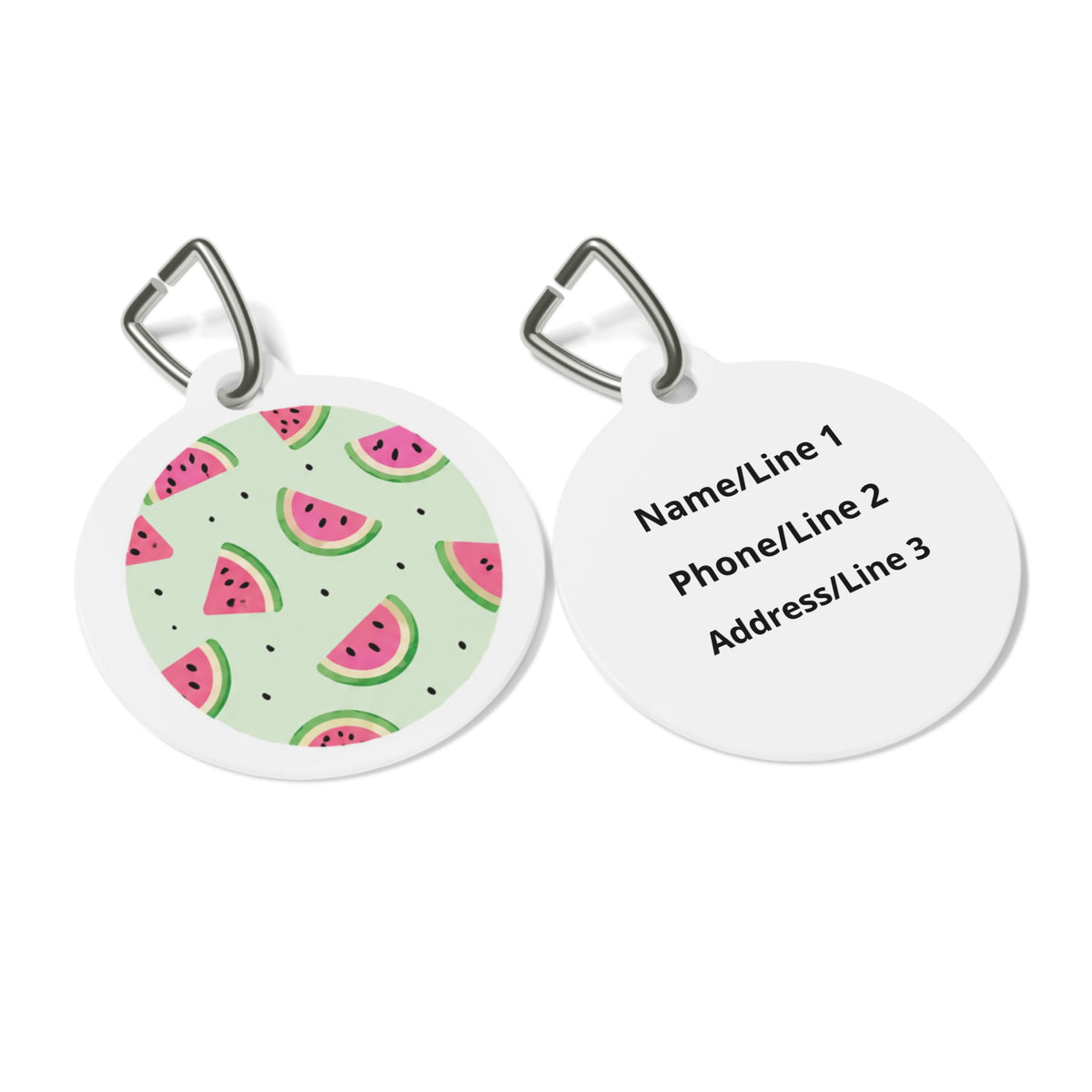 Close-up of Mint Watermelon Cheerful Fruit Pattern artwork on personalized dog ID tag
