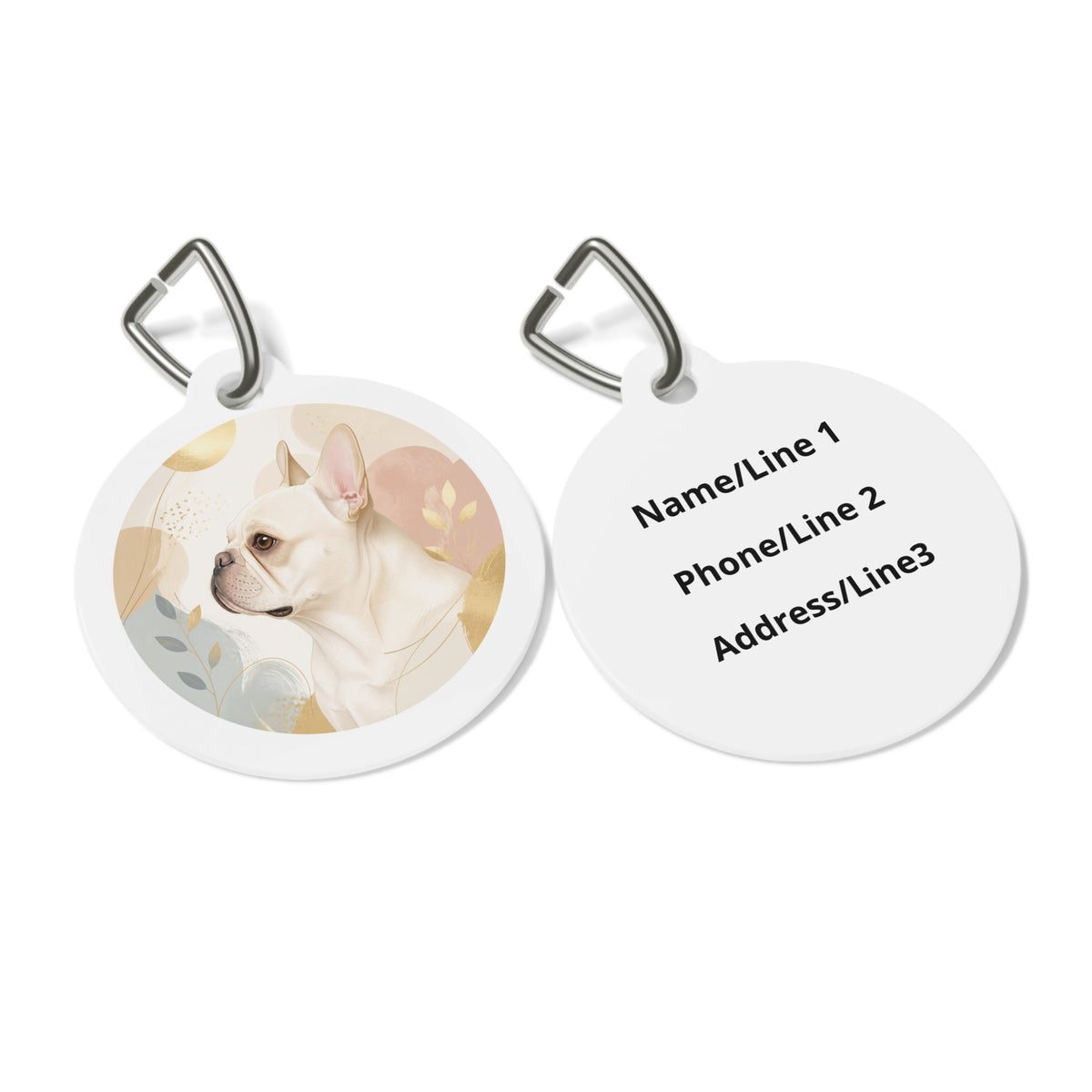 Close-up of French Bulldog Whimsical Floral artwork on personalized dog ID tag