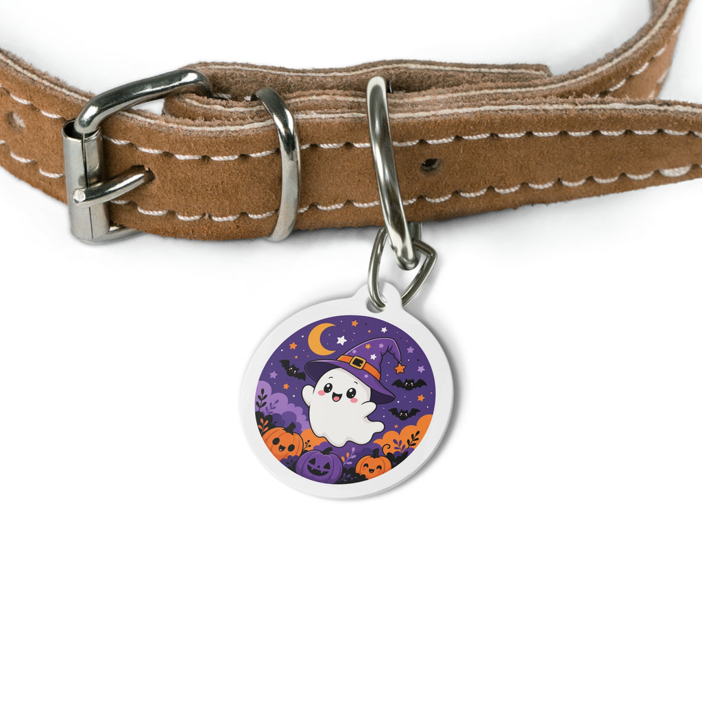 Cute Witch Ghost & Crescent Moon Personalized Dog ID Tag