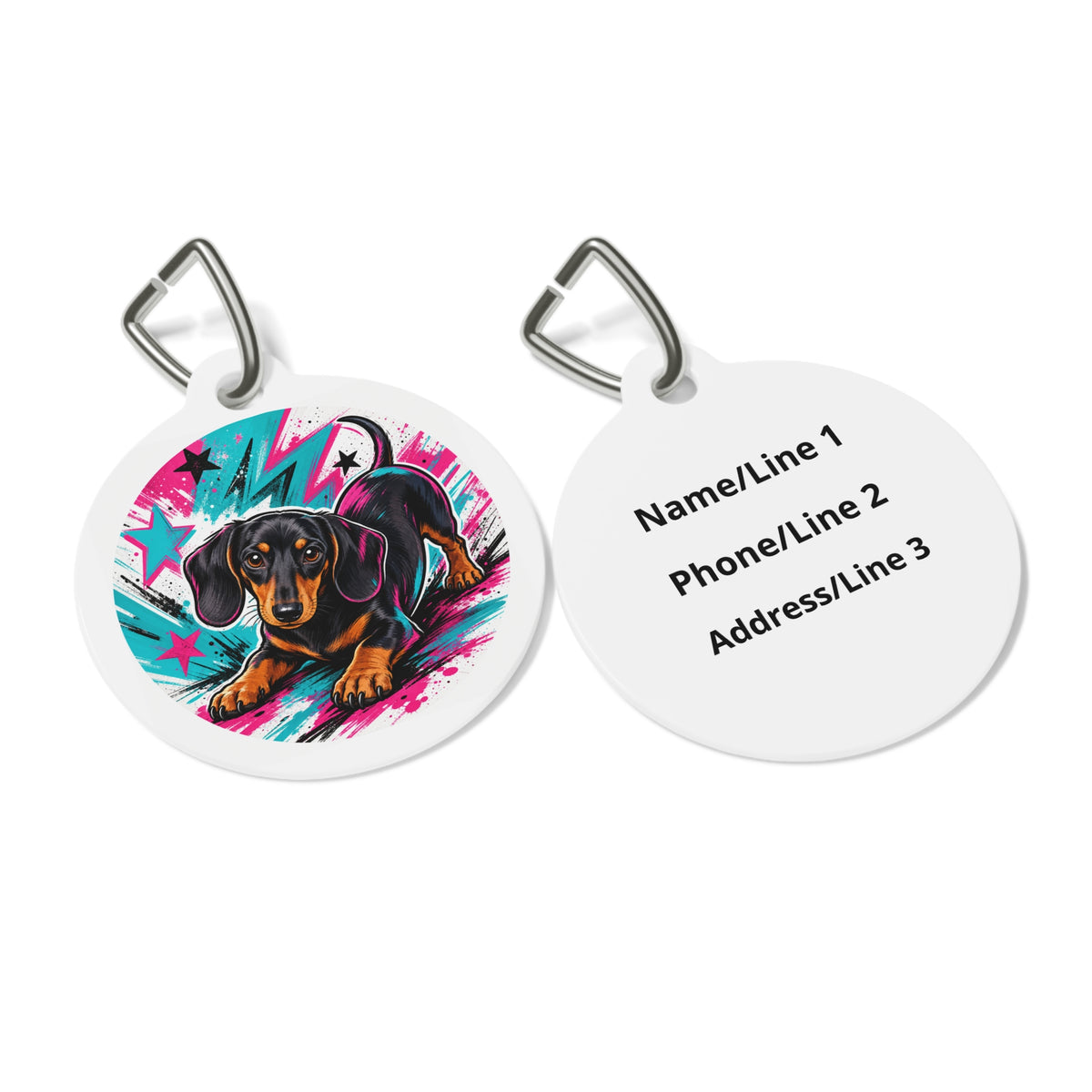 Close-up of Dachshund Bright Pop Art artwork on personalized dog ID tag