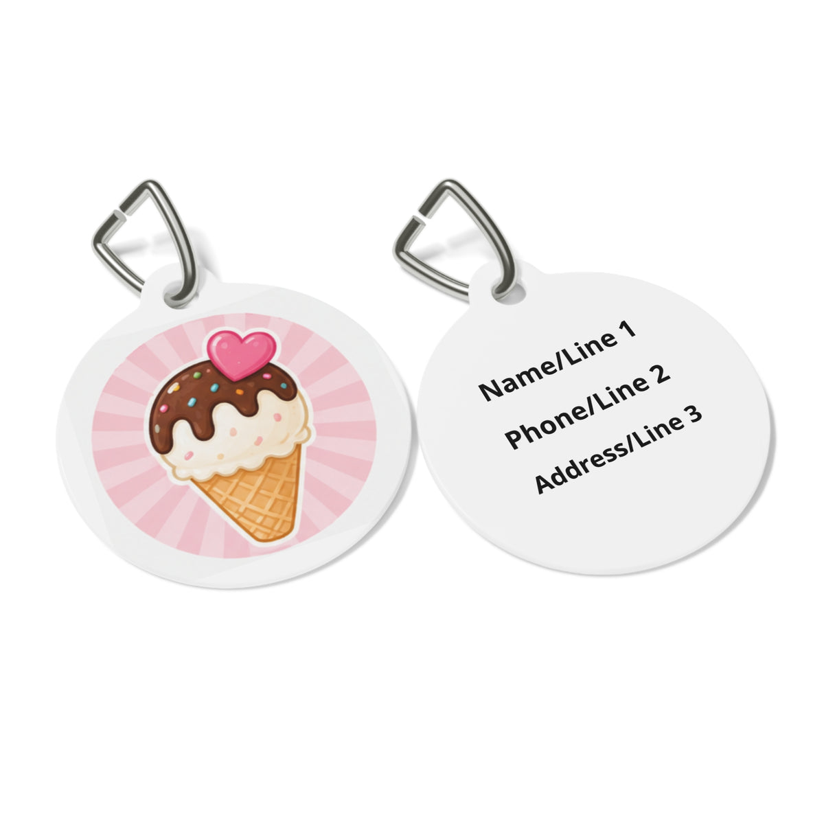 Close-up of Sweetheart Ice Cream Whimsical Foodie Art artwork on personalized dog ID tag