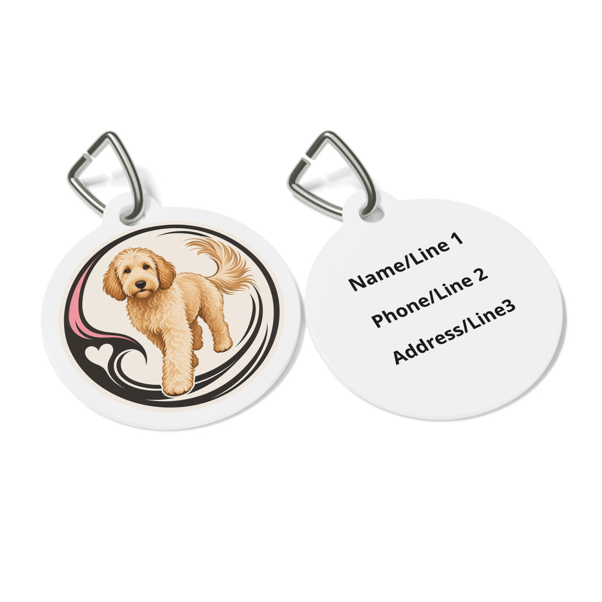 Close-up of Goldendoodle Playful Golden Doodle artwork on personalized dog ID tag