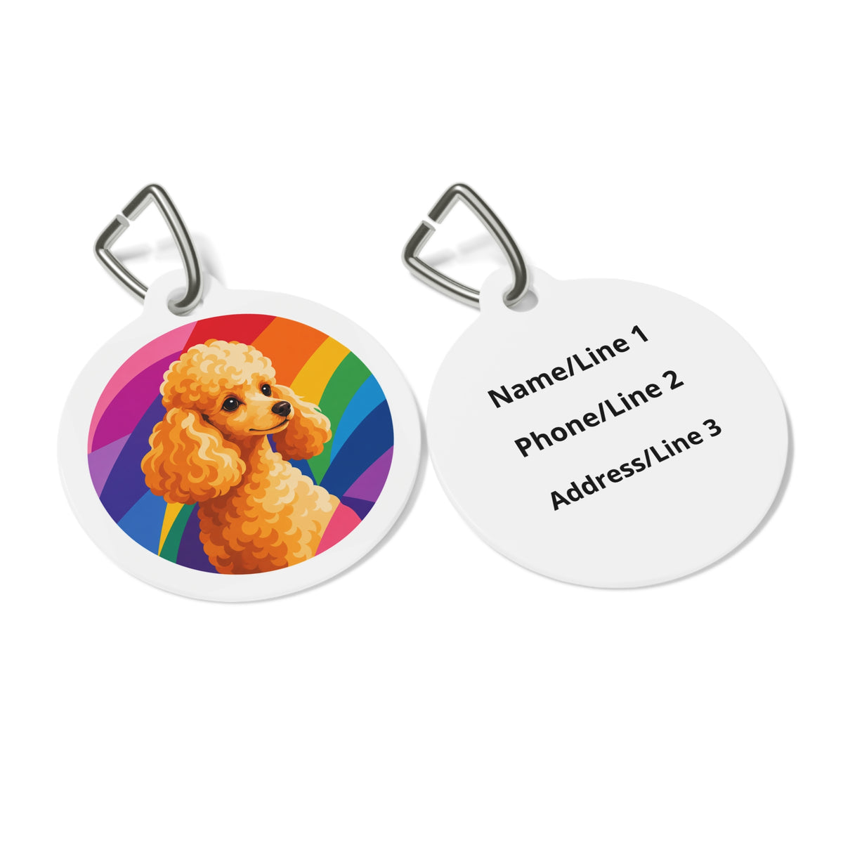 Close-up of Toy Poodle Vivid Rainbow Show Poodle artwork on personalized dog ID tag