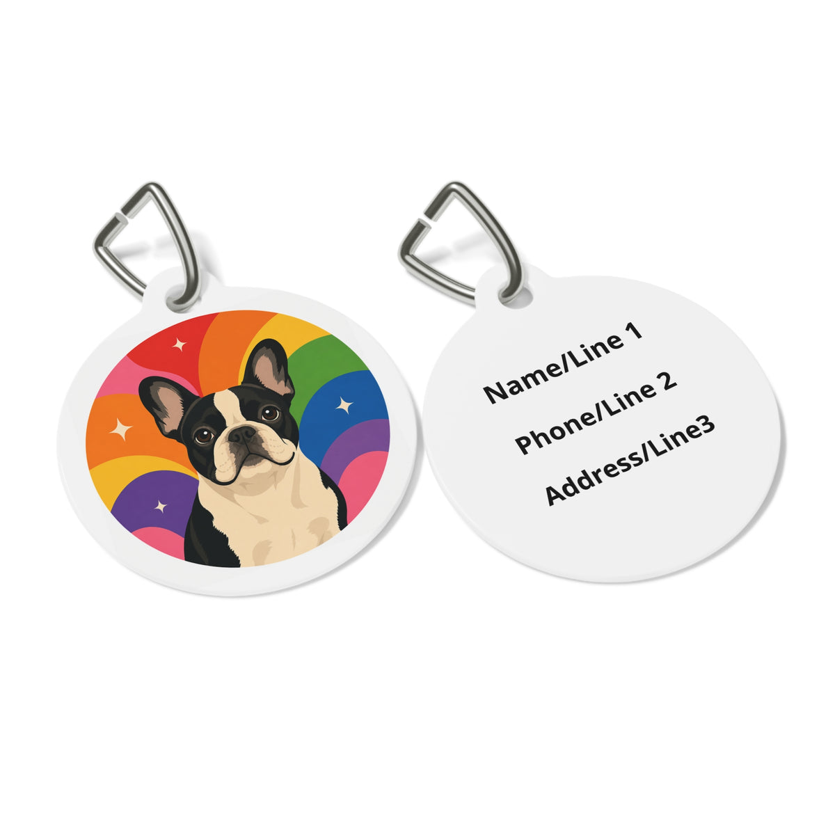Close-up of French Bulldog Rainbow artwork on personalized dog ID tag