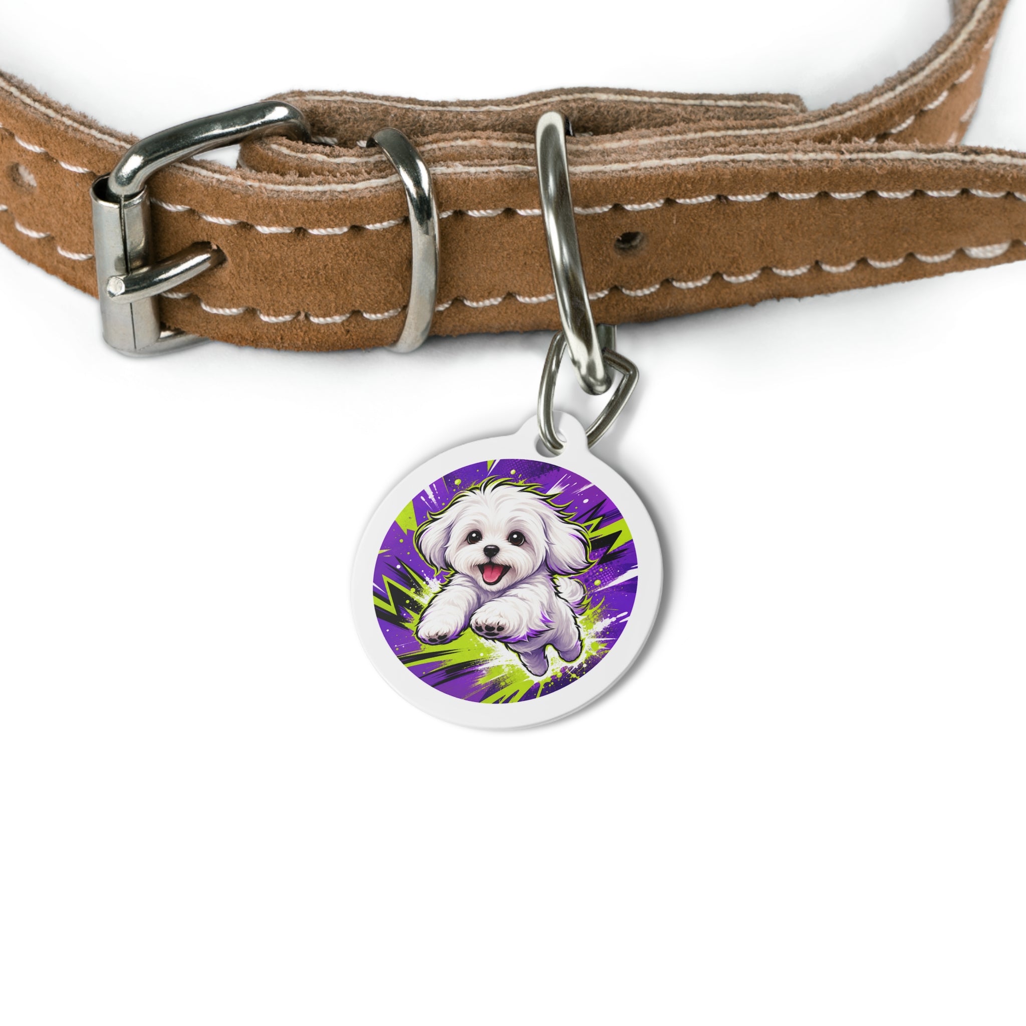 Maltese Neon Comic Action Personalized Dog ID Tag
