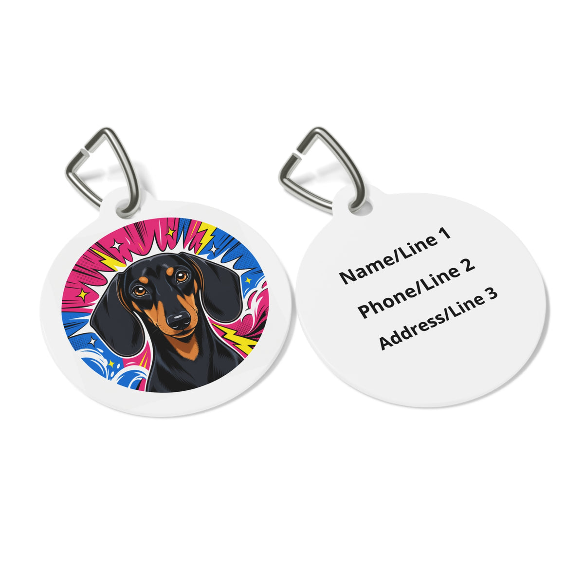 Close-up of Dachshund Pop Art Pet ID Tag — Personalized Round Dog Name & Phone Tag