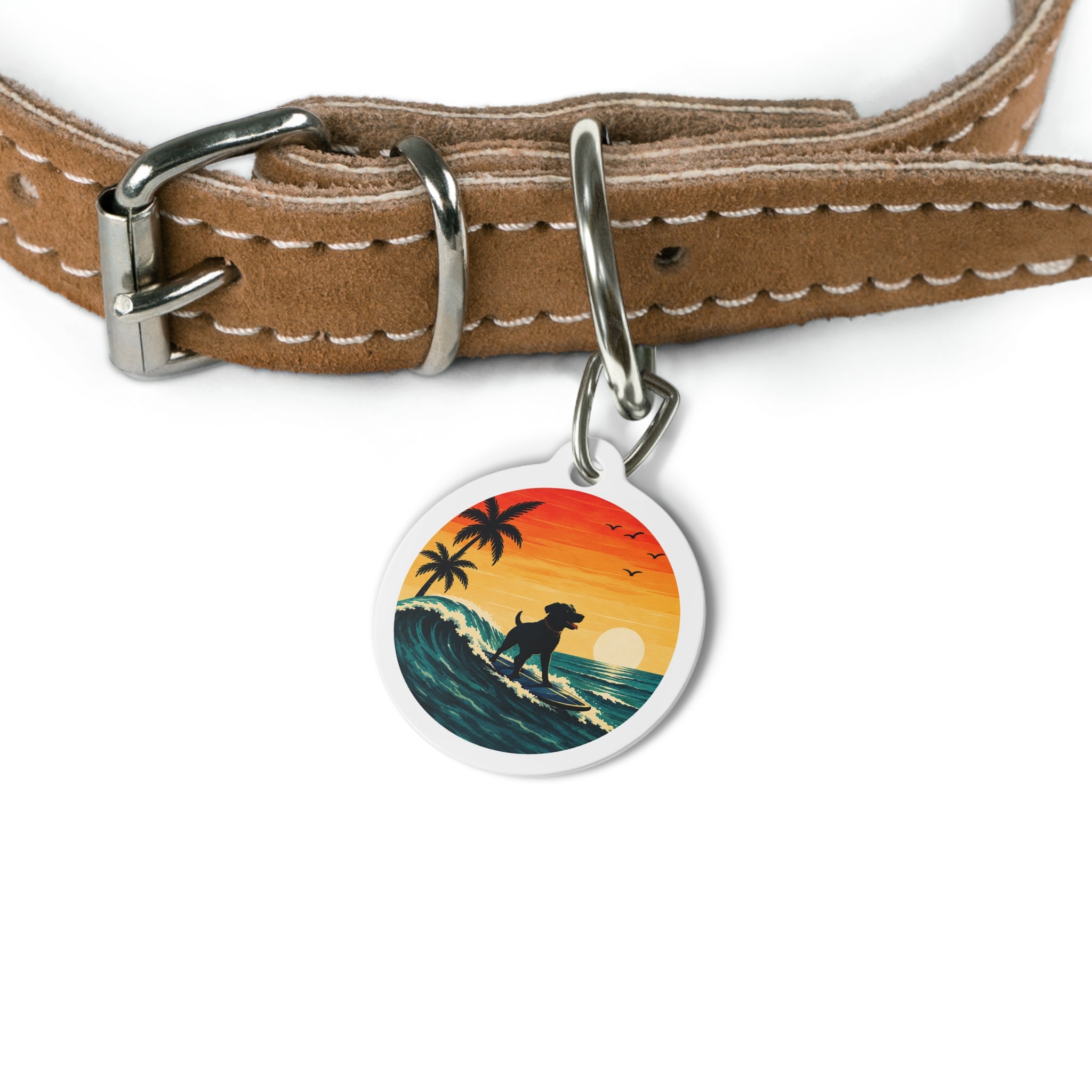 Sunset Wave Rider Dreamy Coastal Scene Personalized Dog ID Tag