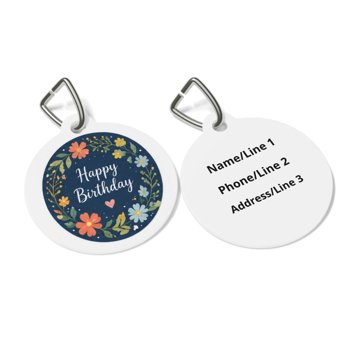 Close-up of Midnight Floral Garden Birthday artwork on personalized dog ID tag