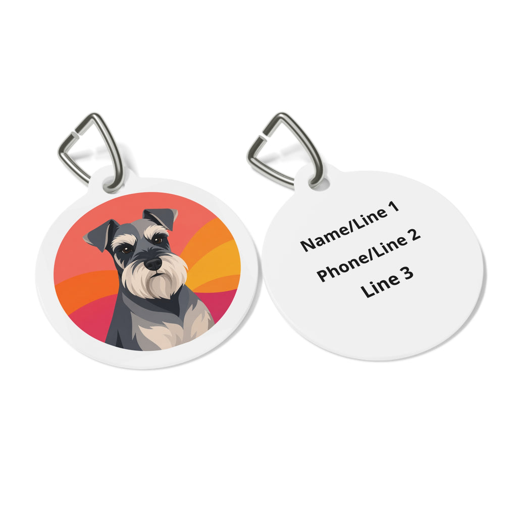 Chapa de identificación personalizada para perro Schnauzer miniatura con diseño de atardecer retro