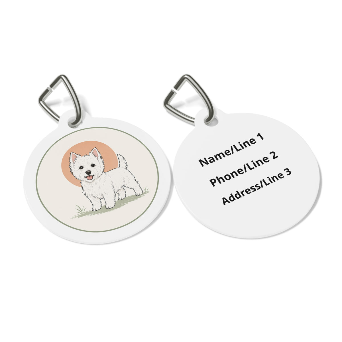 Close-up of West Highland White Terrier Minimal Storybook artwork on personalized dog ID tag