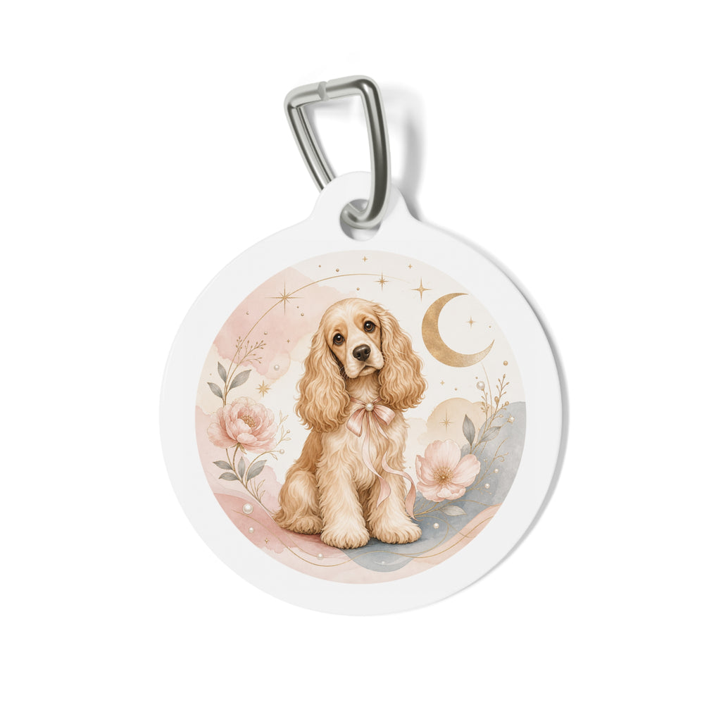 Etiqueta de identificación para perro personalizada de acuarela floral con Cocker Spaniel a la luz de la luna