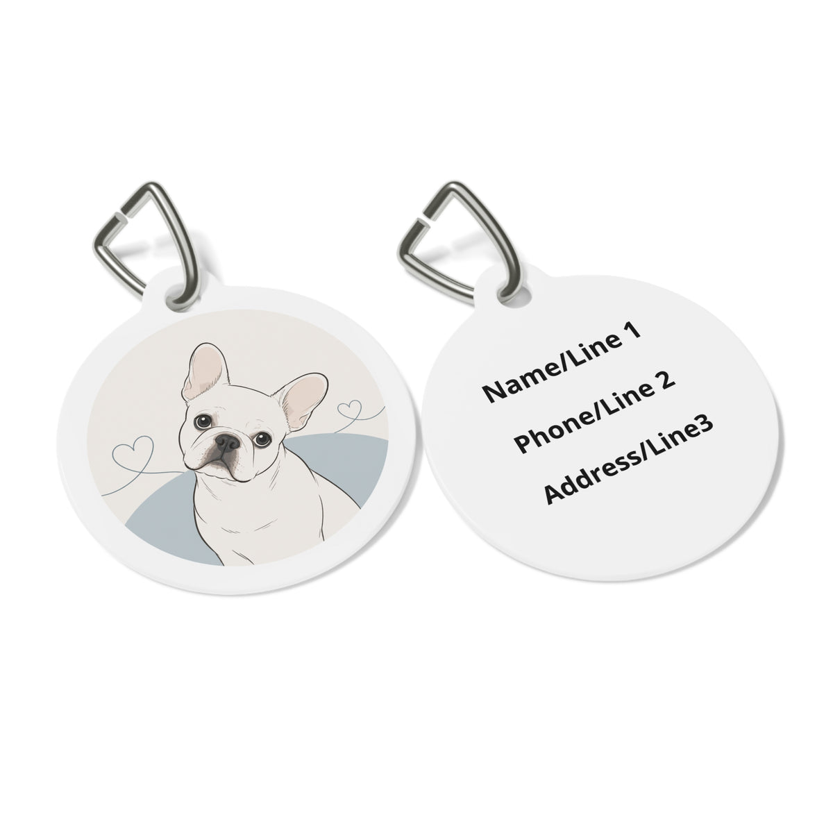 Close-up of French Bulldog Bold Playful Portrait artwork on personalized dog ID tag