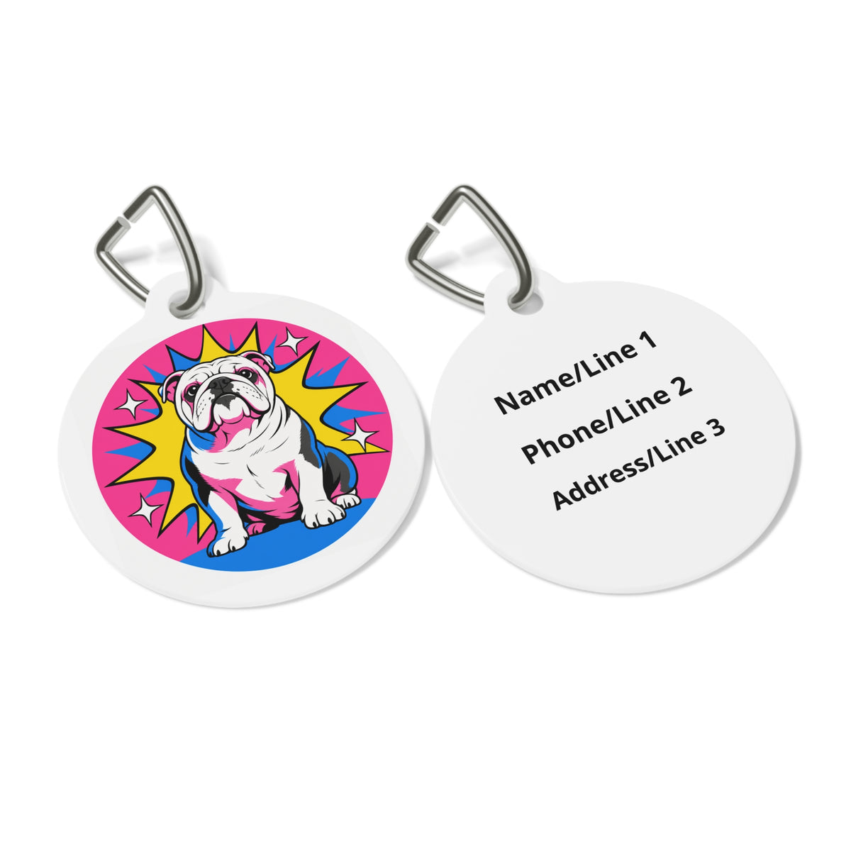 Close-up of Bulldog Pink Comic Burst artwork on personalized dog ID tag