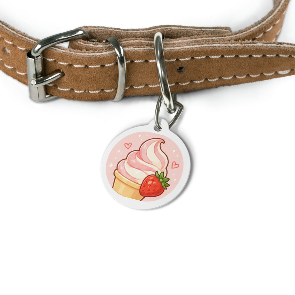 Etiqueta de identificación personalizada para perro con diseño artístico de helado suave de fresa, un capricho para amantes de la comida.
