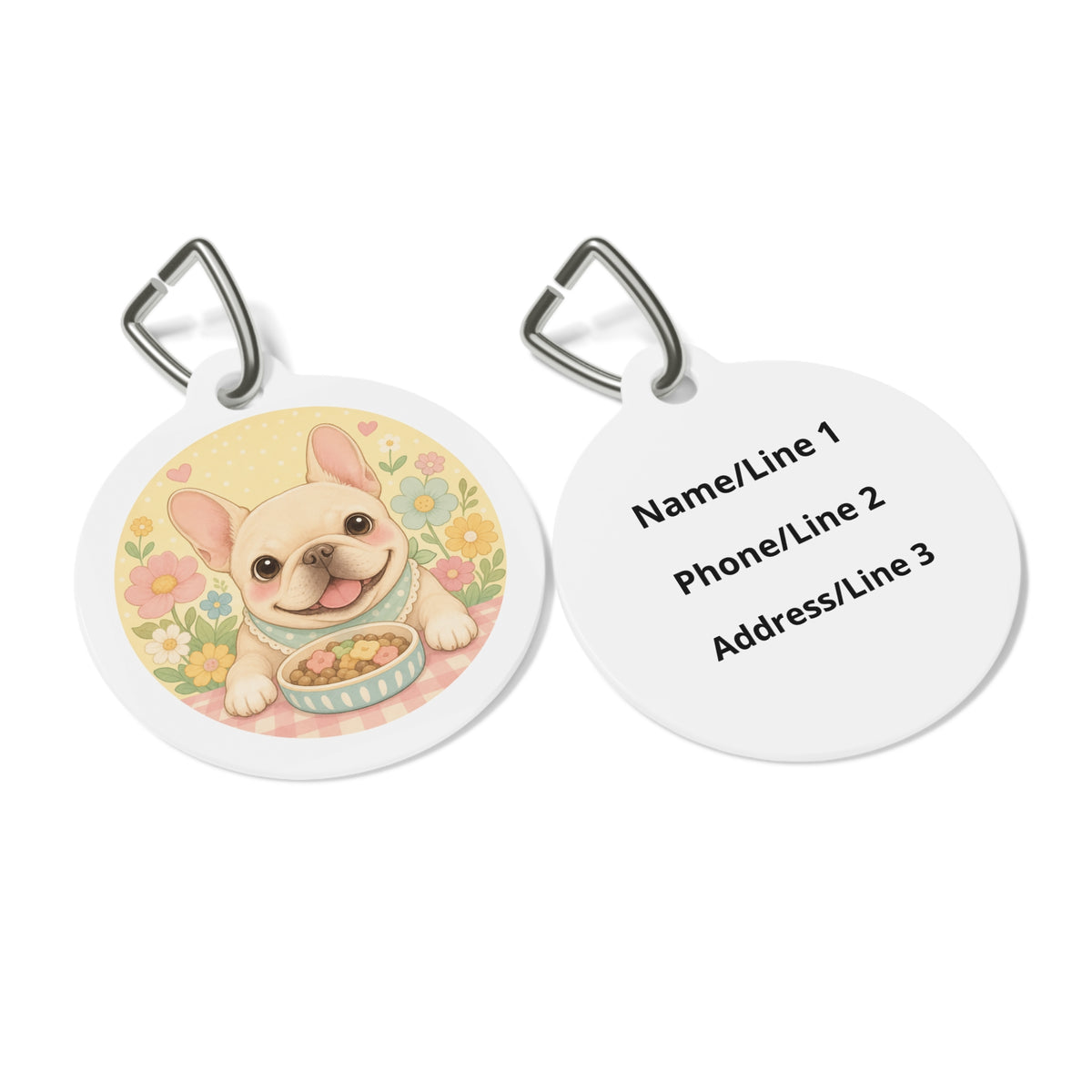 Close-up of French Bulldog Charming Floral artwork on personalized dog ID tag
