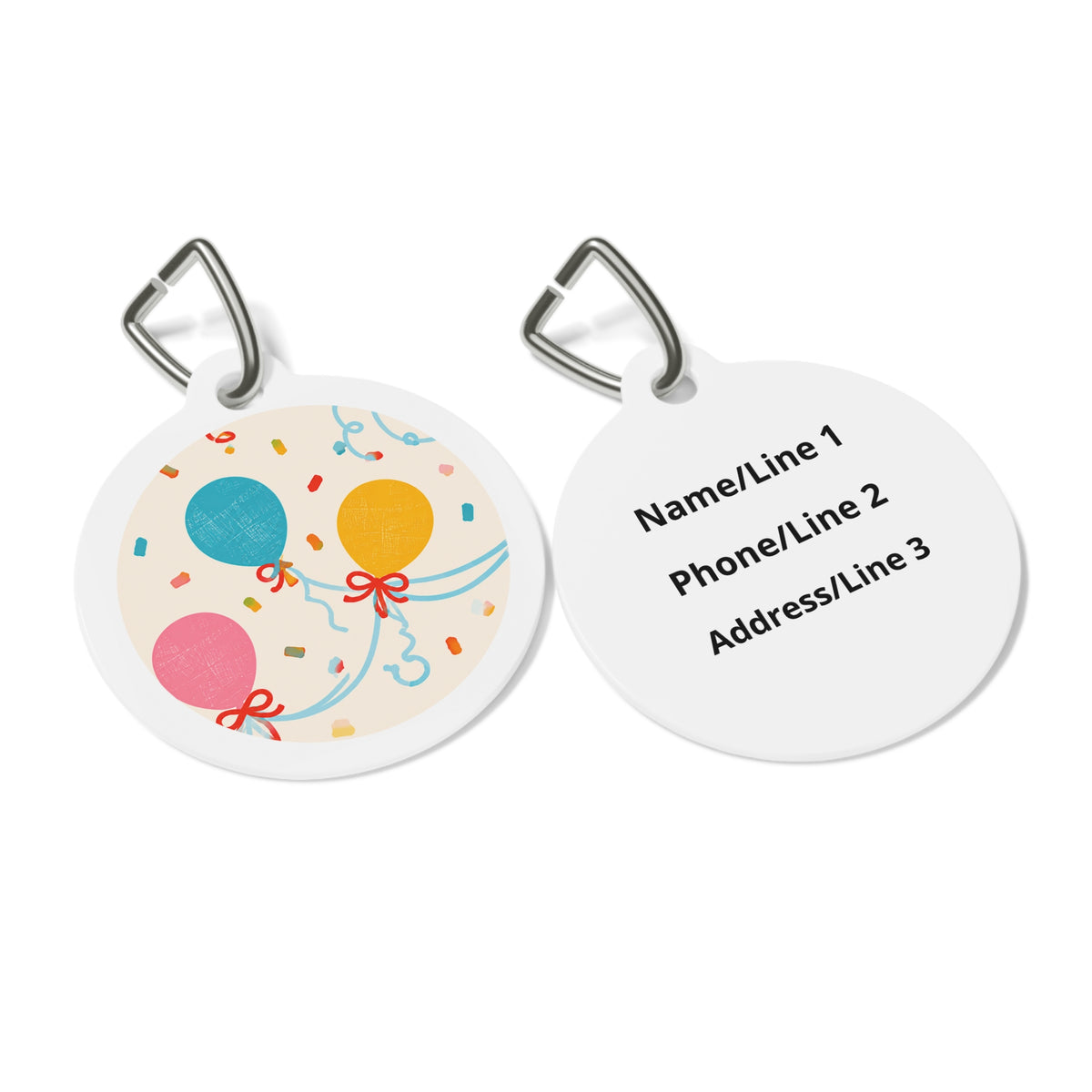 Close-up of Modern Retro Balloon Confetti artwork on personalized dog ID tag