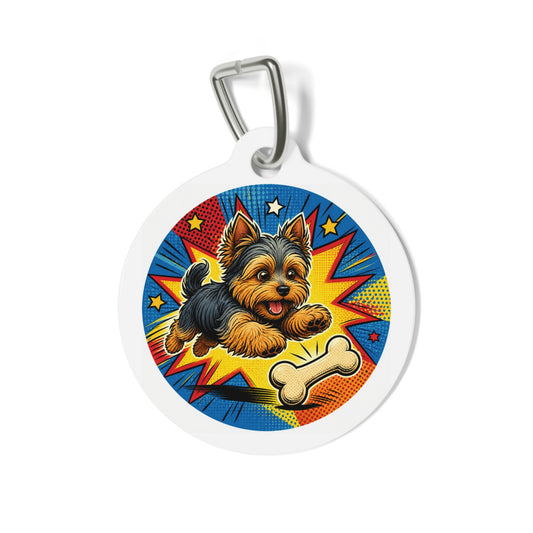 Yorkshire Terrier Comic Action & Bone Personalized Dog ID Tag
