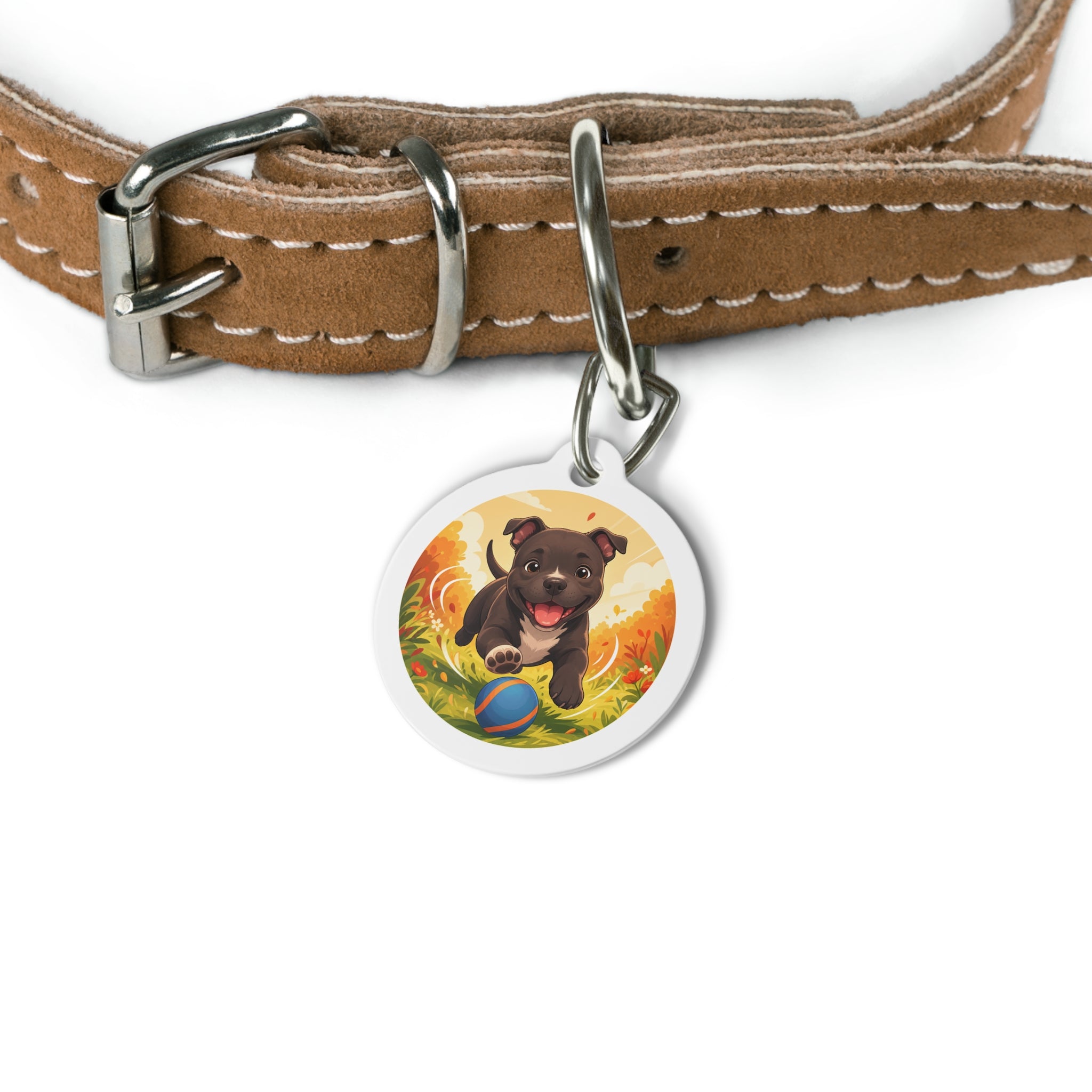 Staffordshire Bull Terrier Comic Ball-Chaser Personalized Dog ID Tag