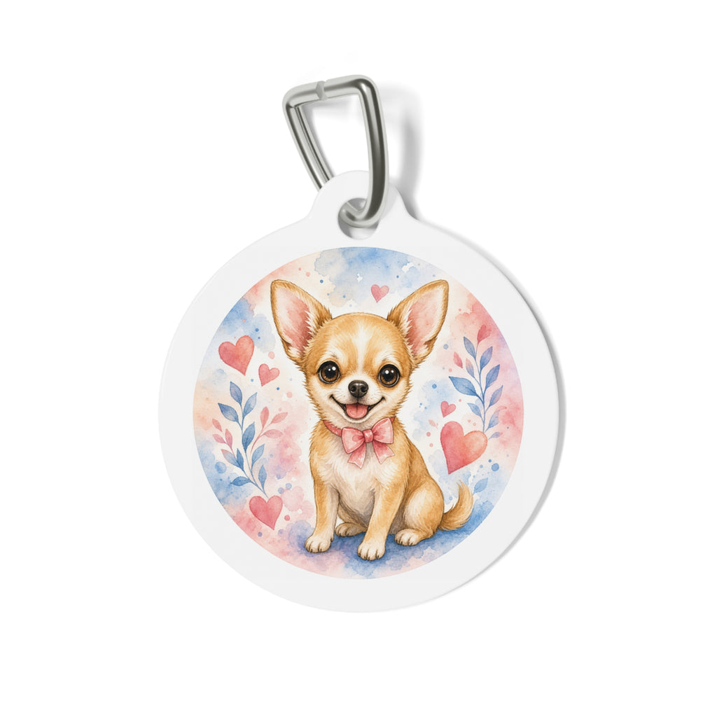 Chihuahua Watercolor Bow & Hearts Personalized Dog ID Tag