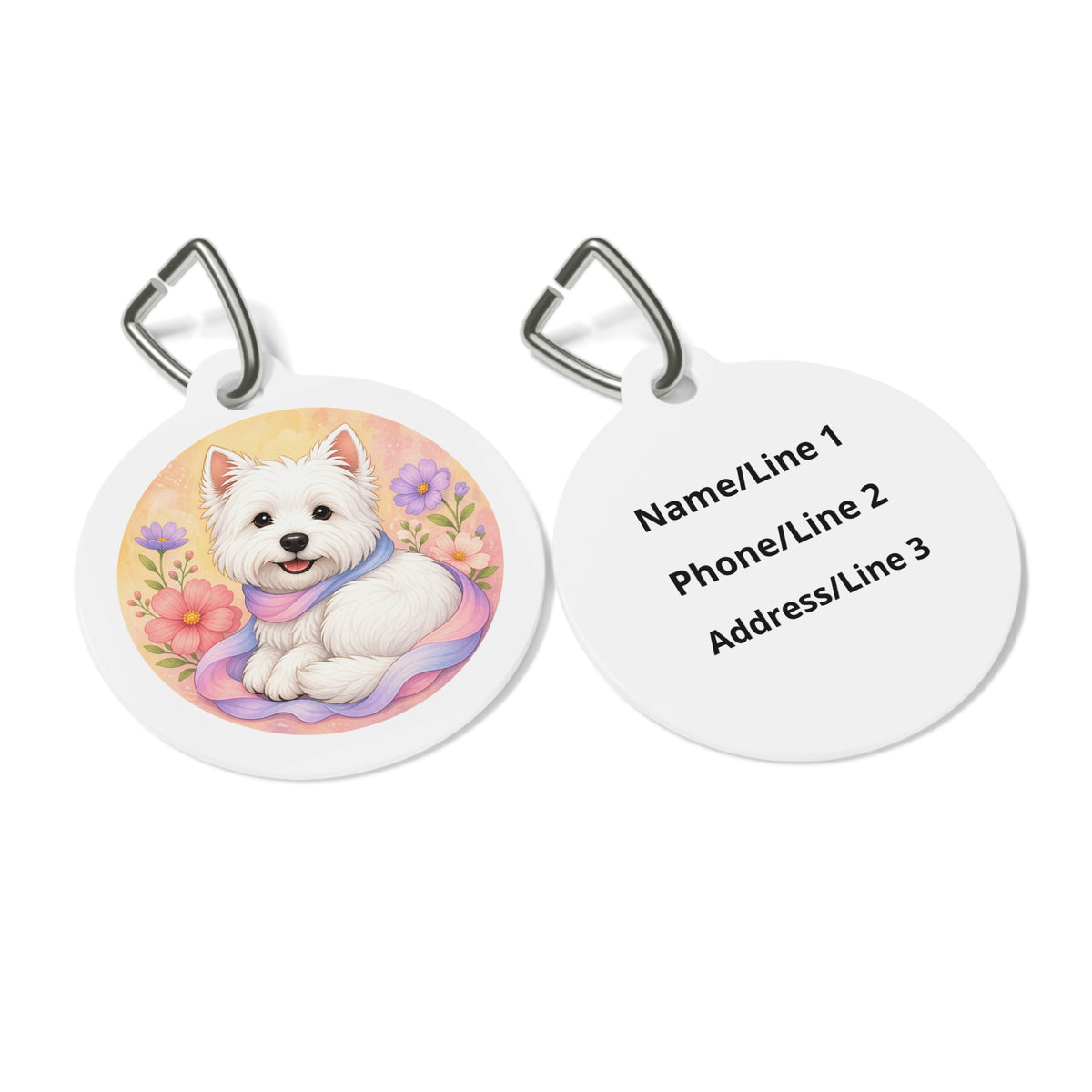 Close-up of West Highland White Terrier Lavender Garden artwork on personalized dog ID tag