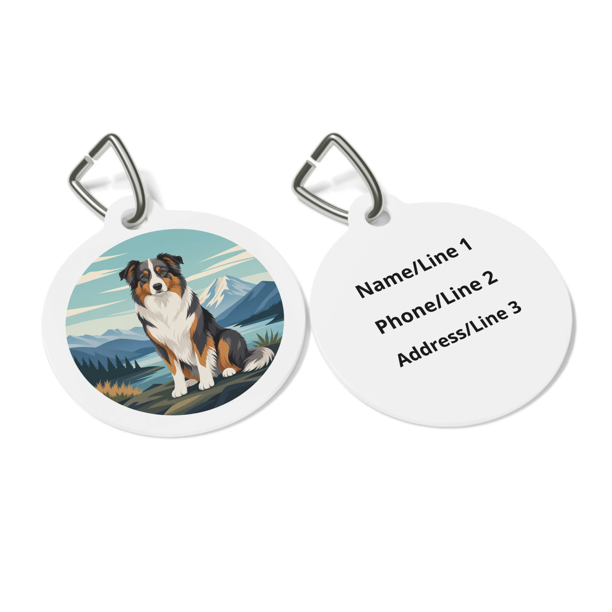 Close-up of Australian Shepherd Mountain Lake Explorer artwork on personalized dog ID tag