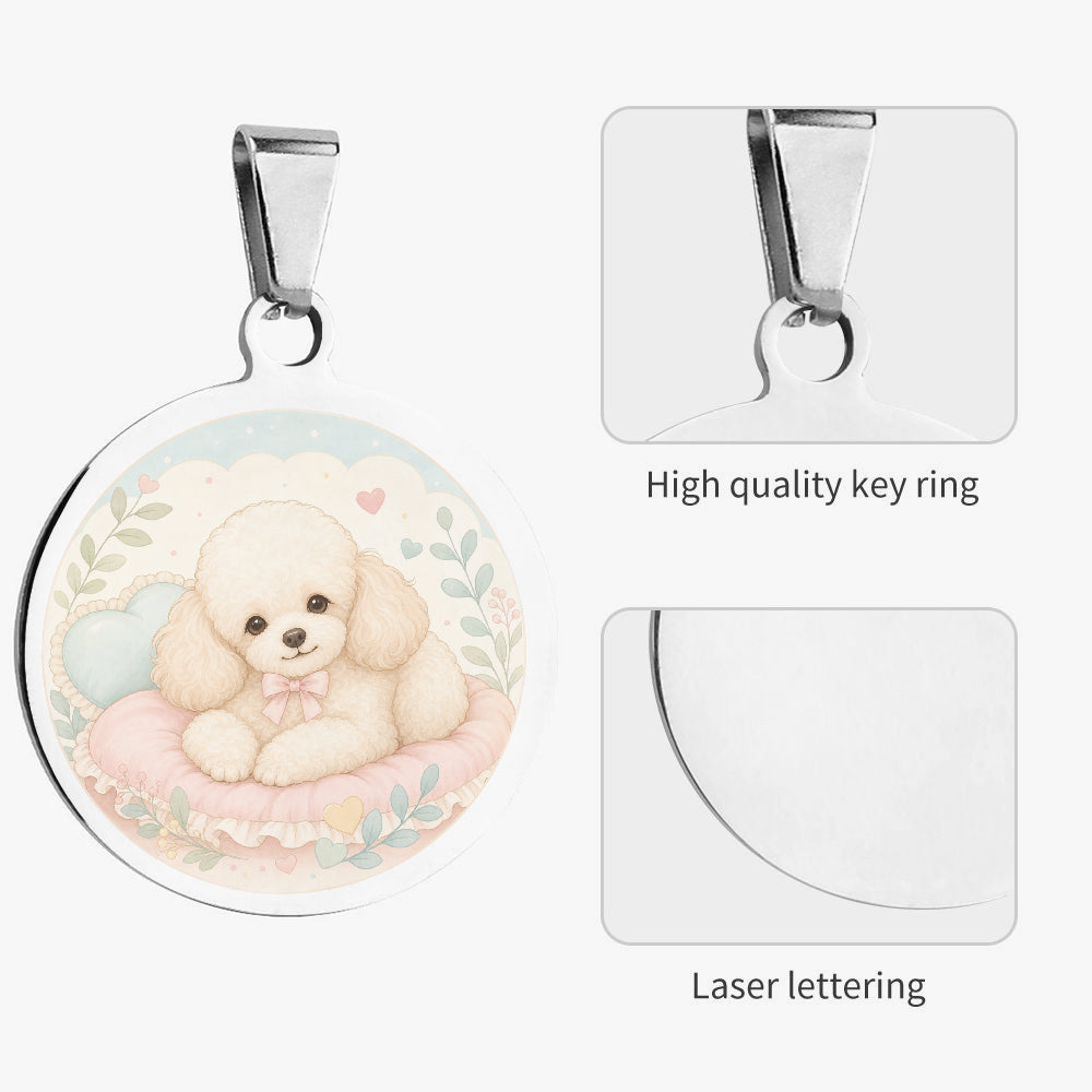 Close-up of Poodle Soft Pastel Puppy artwork on personalized dog ID tag