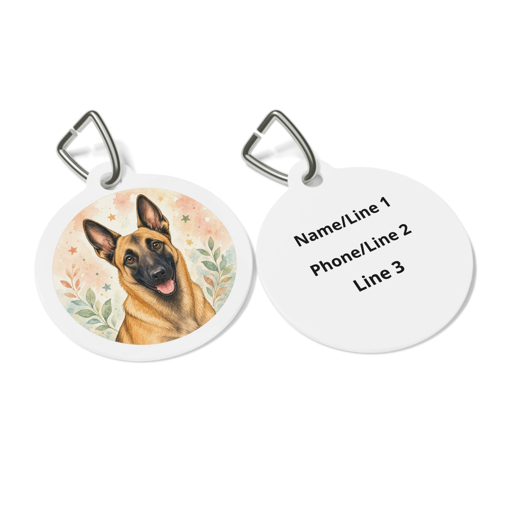 Chapa de identificación de perro personalizada de acuarela floral suave Malinois belga