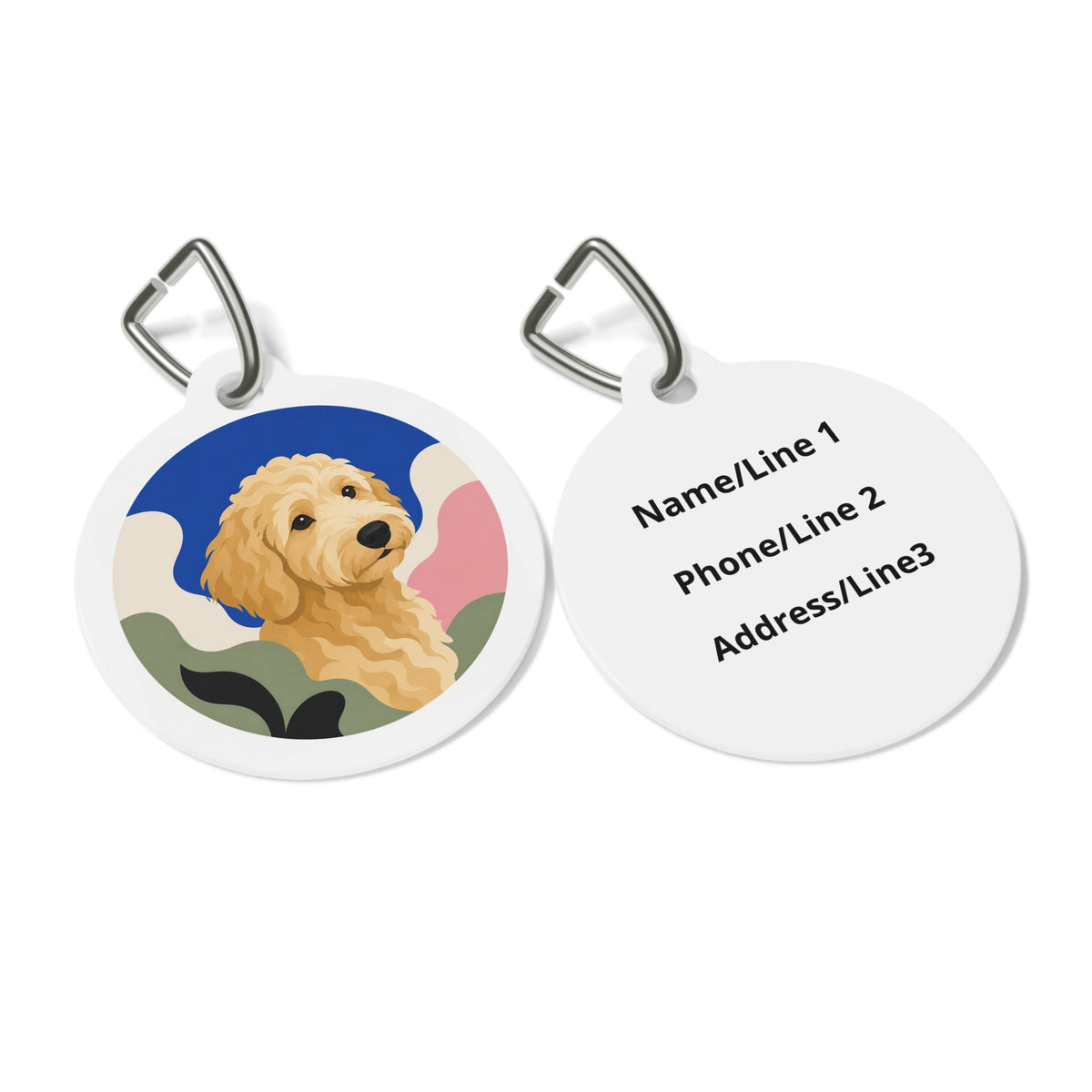 Close-up of Goldendoodle Vibrant Doodle Art artwork on personalized dog ID tag