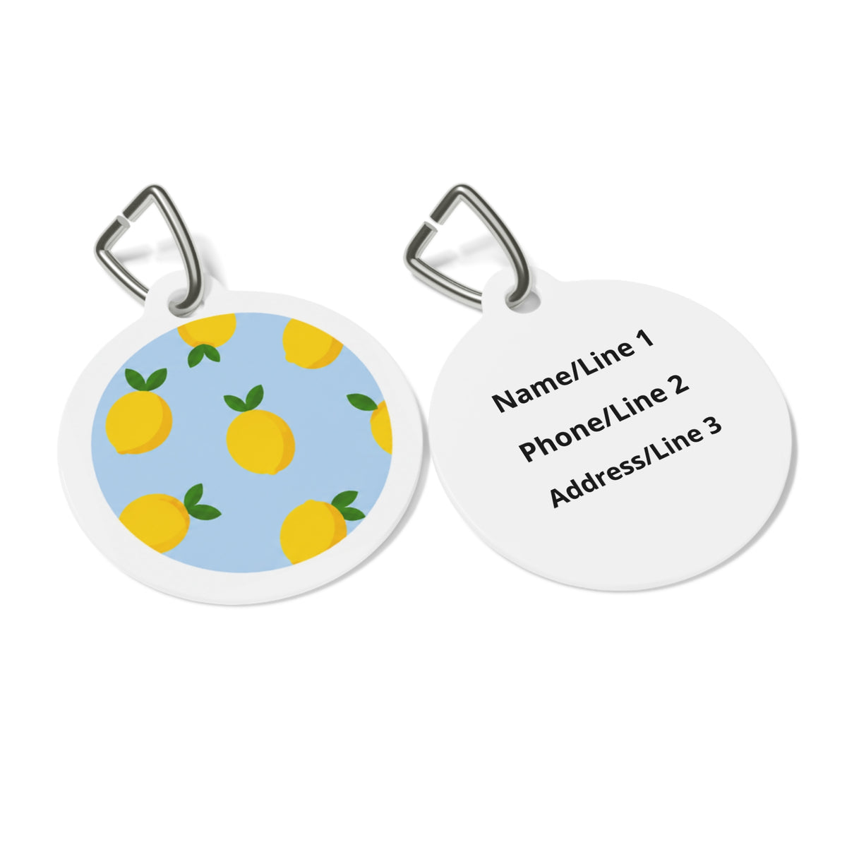 Close-up of Lemon Grove Cheerful Fruit Pattern artwork on personalized dog ID tag