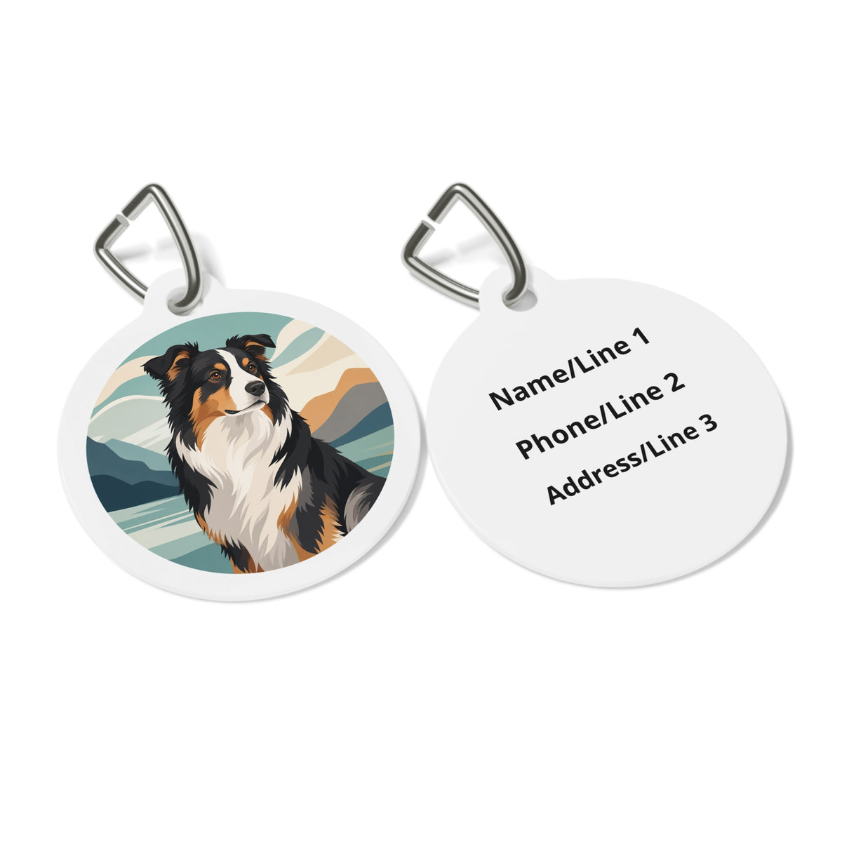 Close-up of Australian Shepherd Alpine Calm artwork on personalized dog ID tag