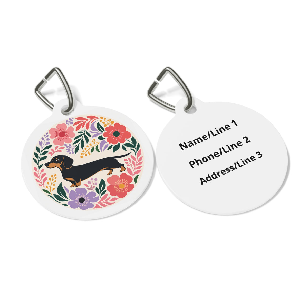 Close-up of Dachshund Joyful Floral artwork on personalized dog ID tag