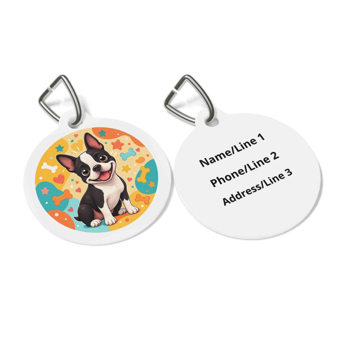 Close-up of Boston Terrier Playful Portrait artwork on personalized dog ID tag