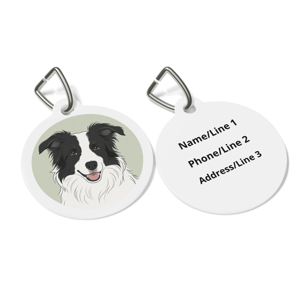 Close-up of Border Collie Sage Classic Portrait artwork on personalized dog ID tag
