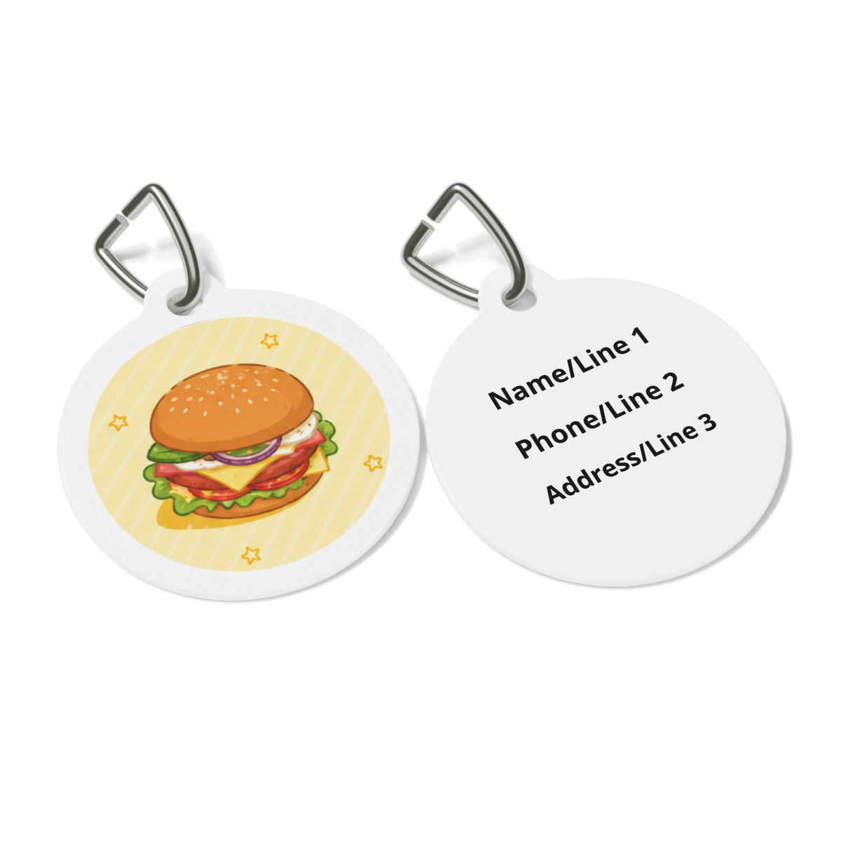 Close-up of Classic Burger Whimsical Foodie Art artwork on personalized dog ID tag