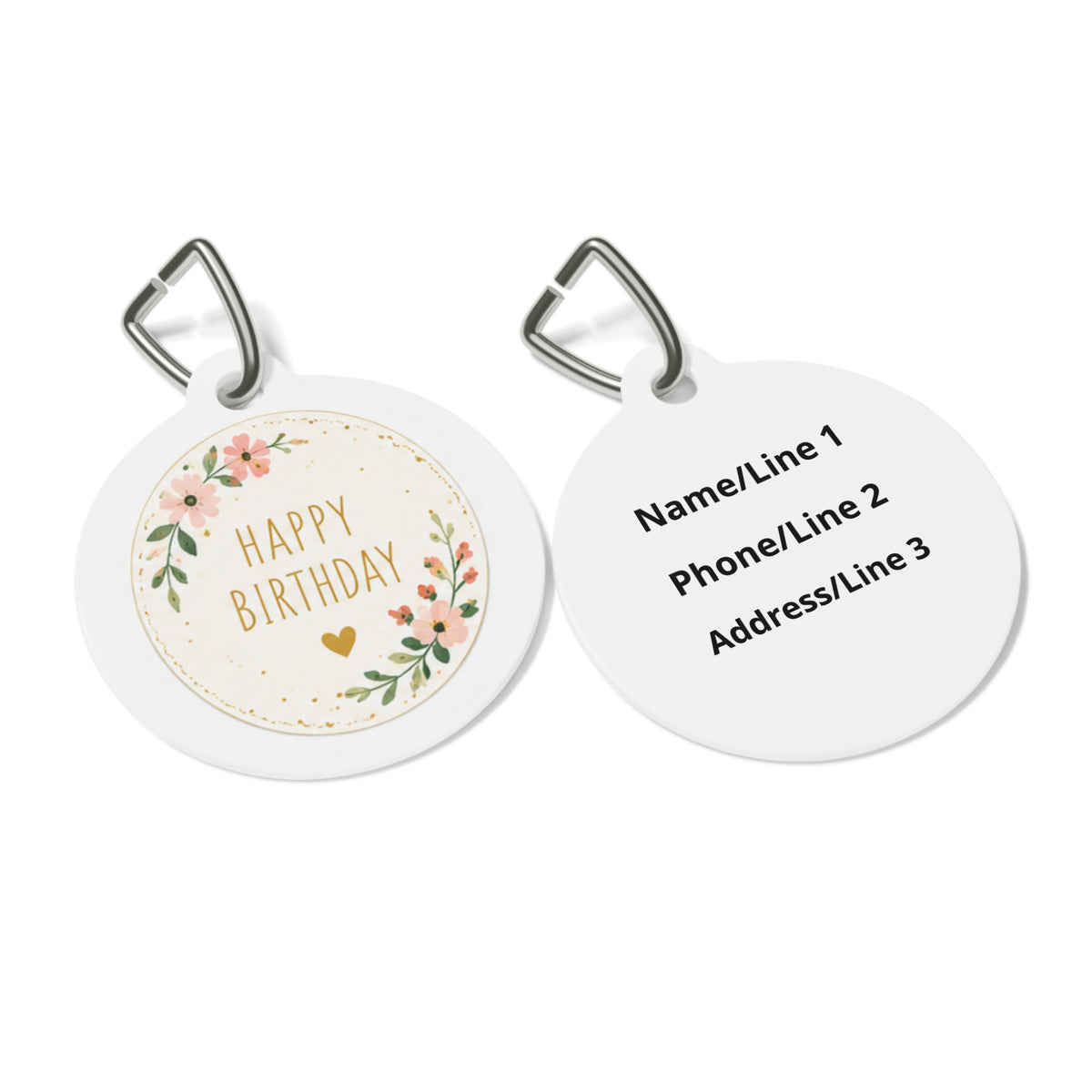 Close-up of Minimal Botanical Wreath Birthday artwork on personalized dog ID tag