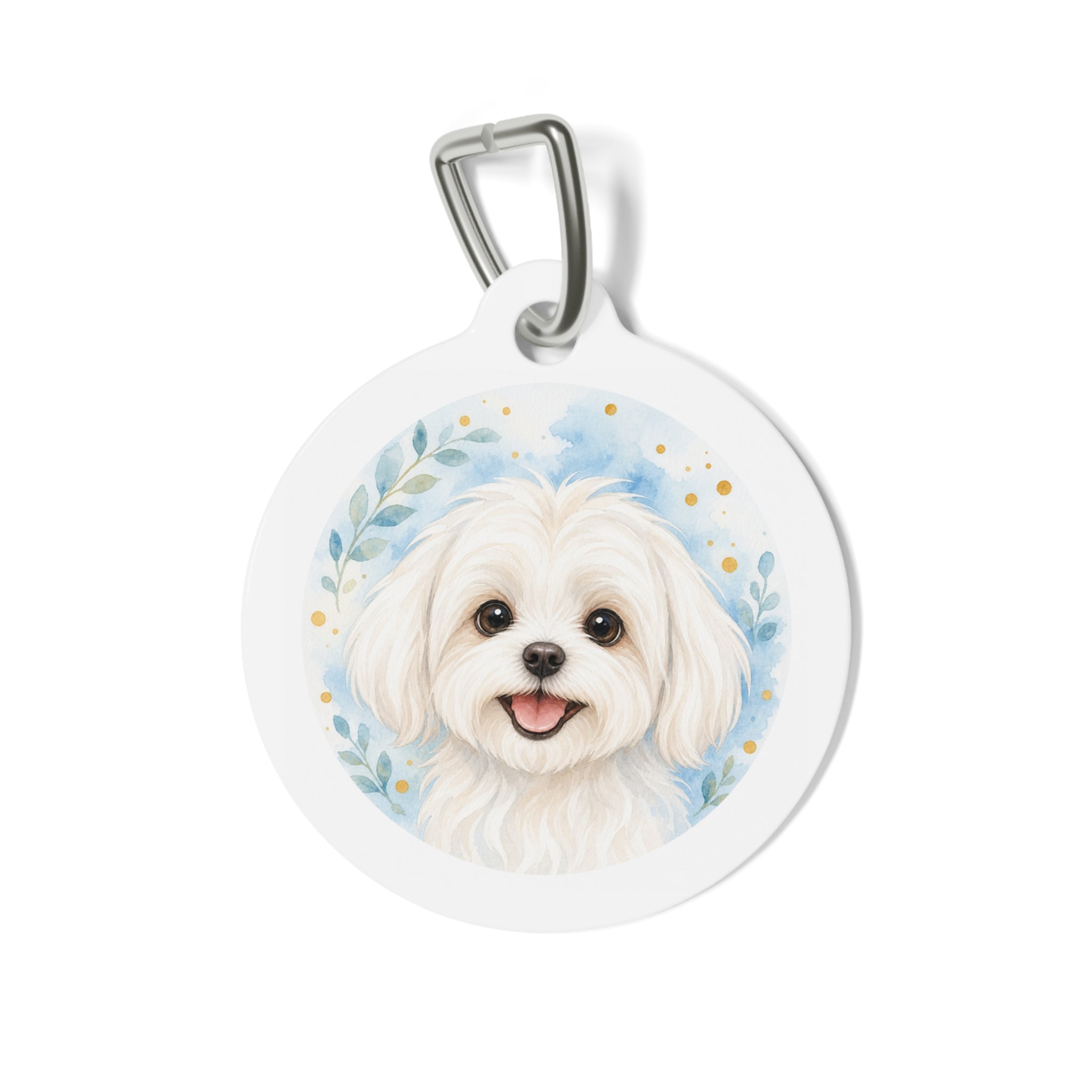Maltese Blue Watercolor Botanicals Personalized Dog ID Tag