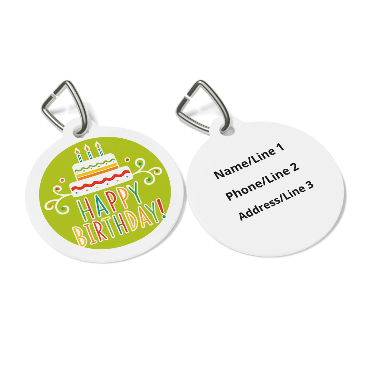 Close-up of Lime Green Layer Cake Party artwork on personalized dog ID tag
