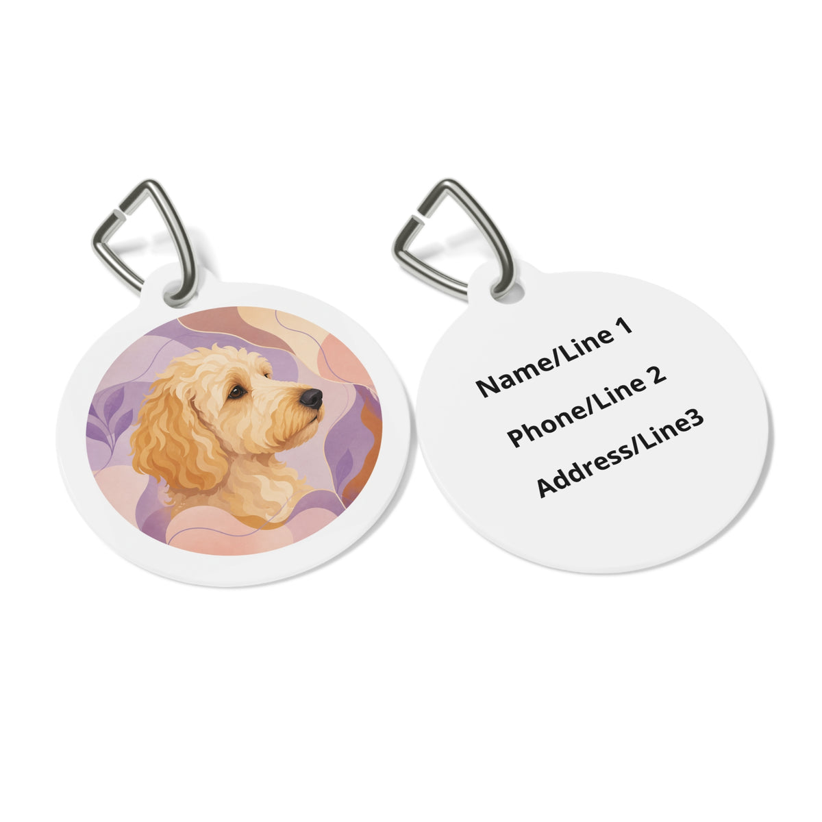 Close-up of Goldendoodle Soft Pastel Painterly Portrait artwork on personalized dog ID tag