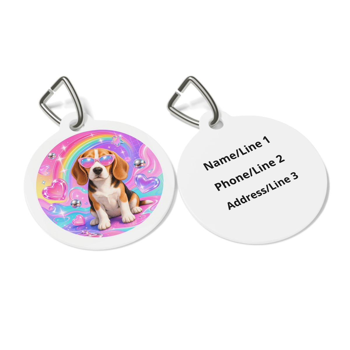 Close-up of Beagle Rainbow Sunglasses artwork on personalized dog ID tag