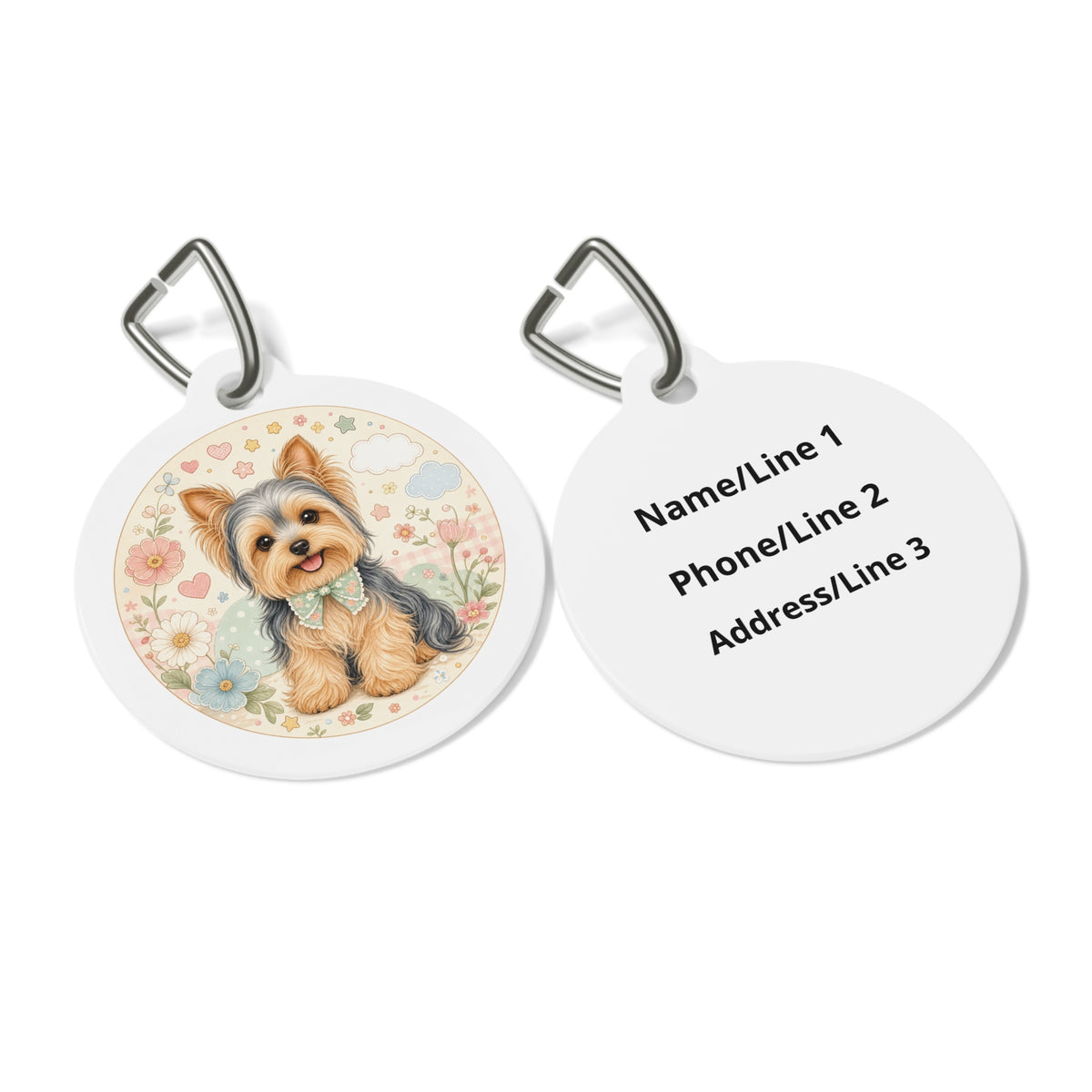 Close-up of Yorkshire Terrier Pastel Daisy Hearts artwork on personalized dog ID tag