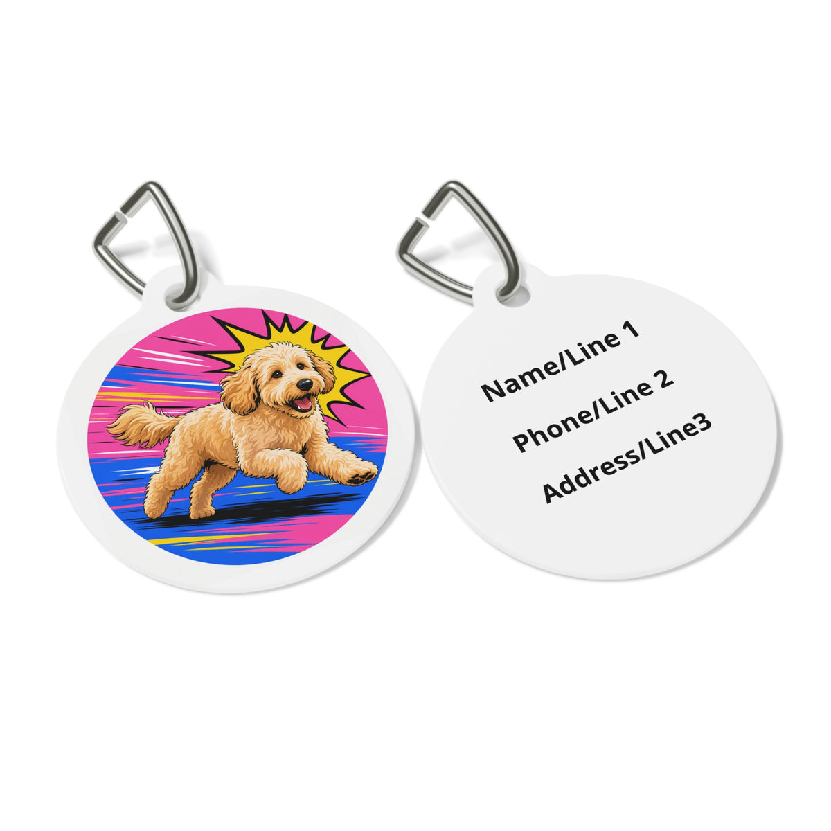 Close-up of Goldendoodle Energetic Pop Art Pup artwork on personalized dog ID tag