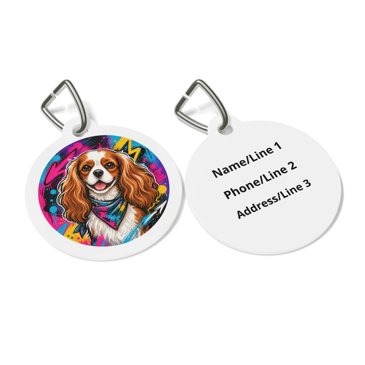 Close-up of Cavalier King Charles Spaniel Artful Playful Portrait artwork on personalized dog ID tag