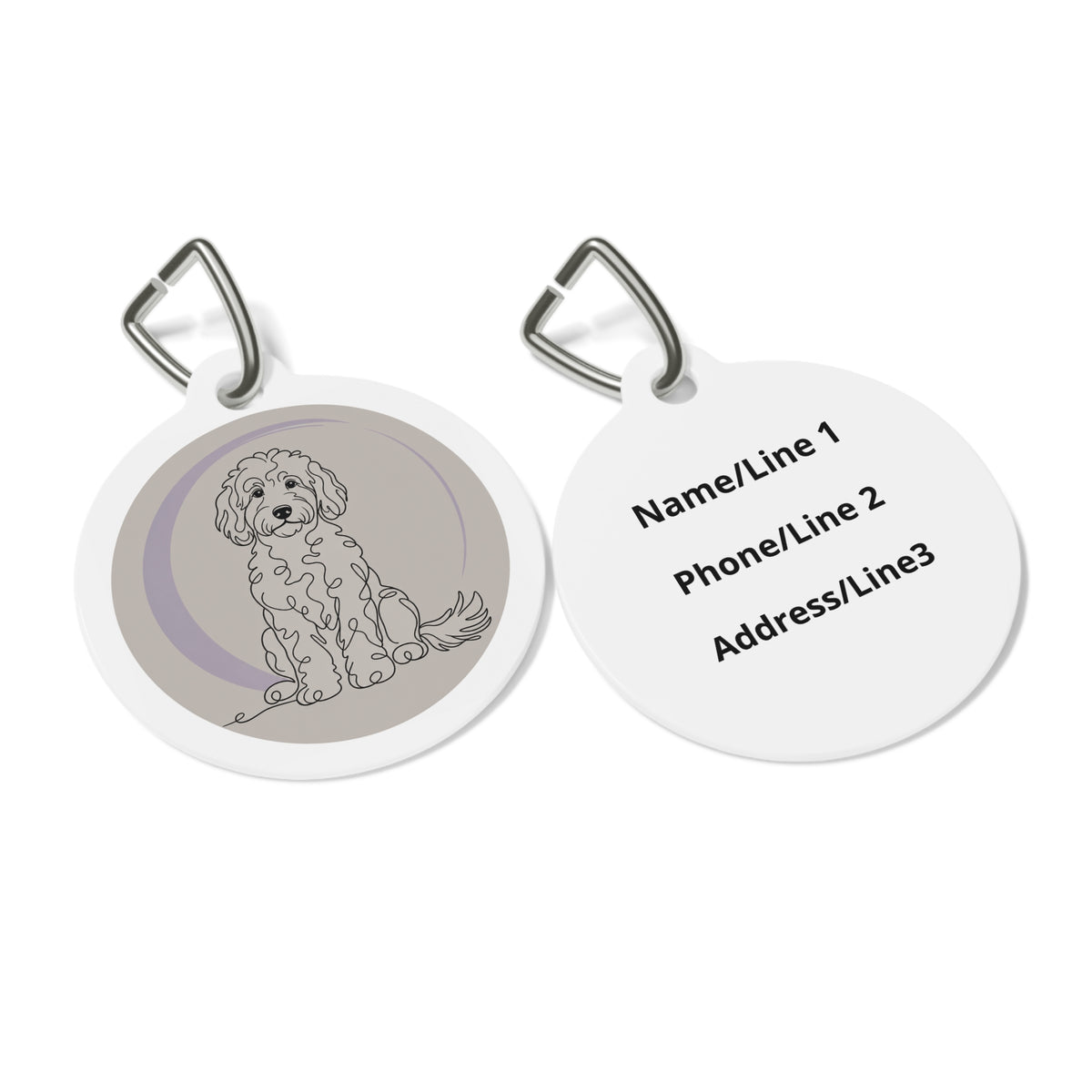 Close-up of Goldendoodle Minimalist Doodle Illustration artwork on personalized dog ID tag