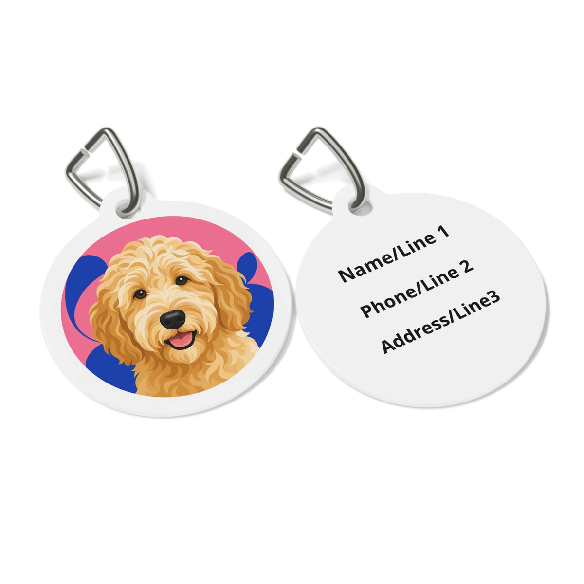 Close-up of Goldendoodle Vivid Happy Portrait artwork on personalized dog ID tag