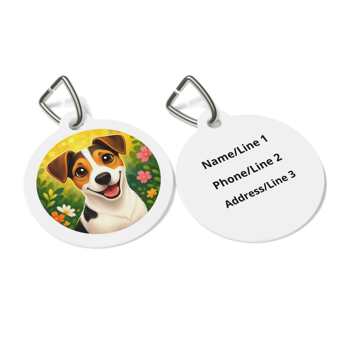 Close-up of Jack Russell Terrier Sunny Wildflower artwork on personalized dog ID tag